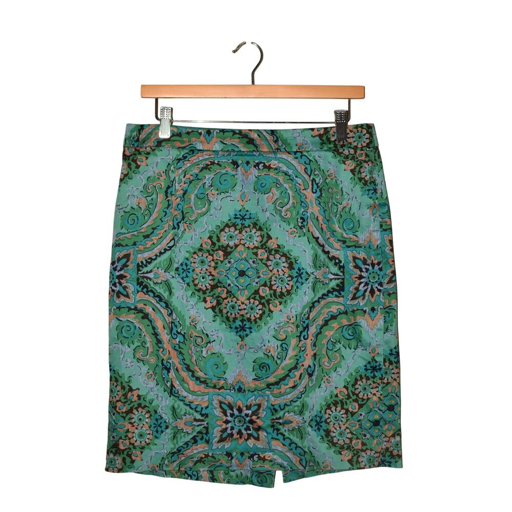 J. Crew Green and Blue Patterned Pencil Skirt